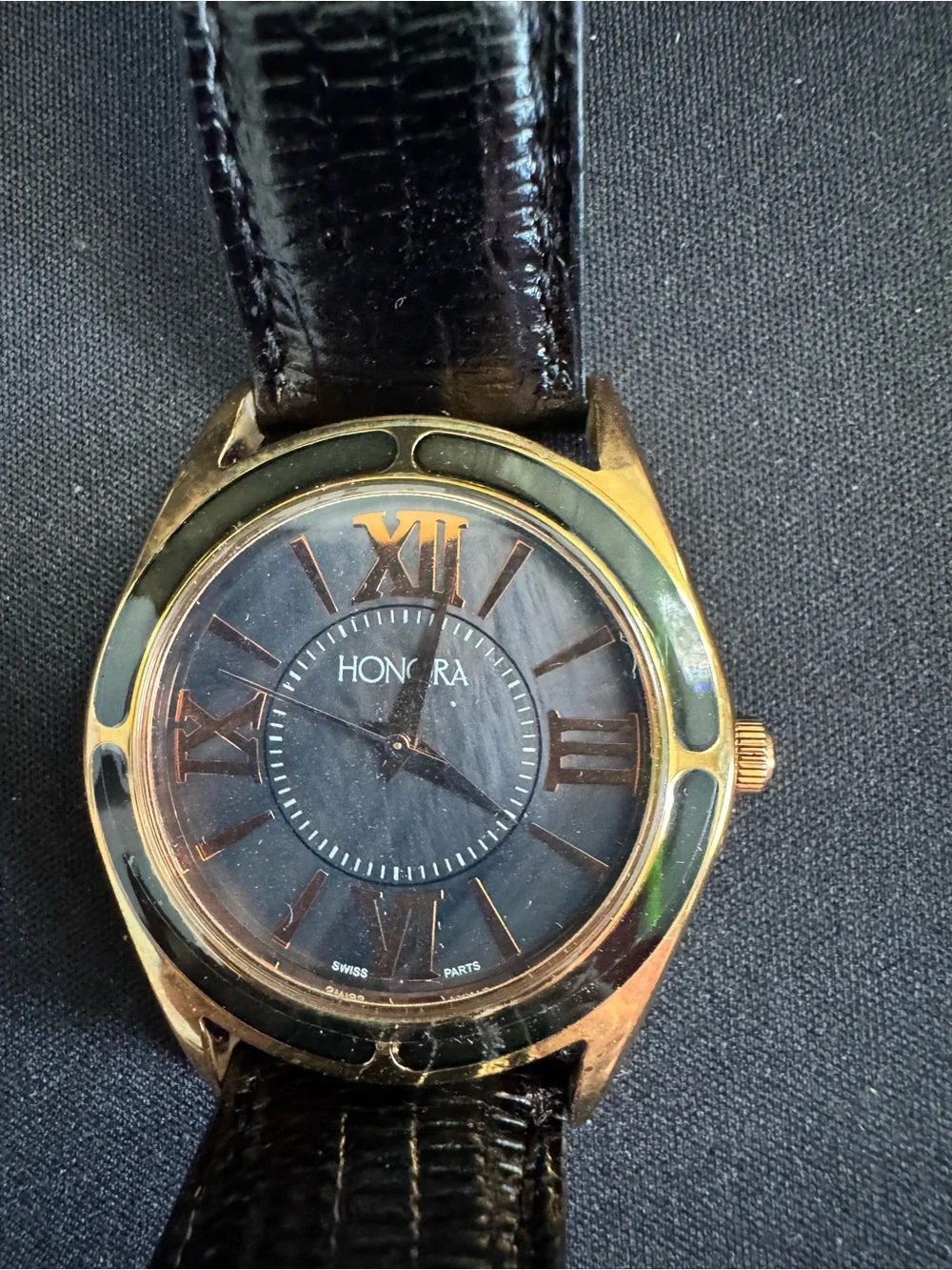 Honora Black Dial Bronze Gold Case Men/Women Dress Watch w/ Green Pearl Bezel